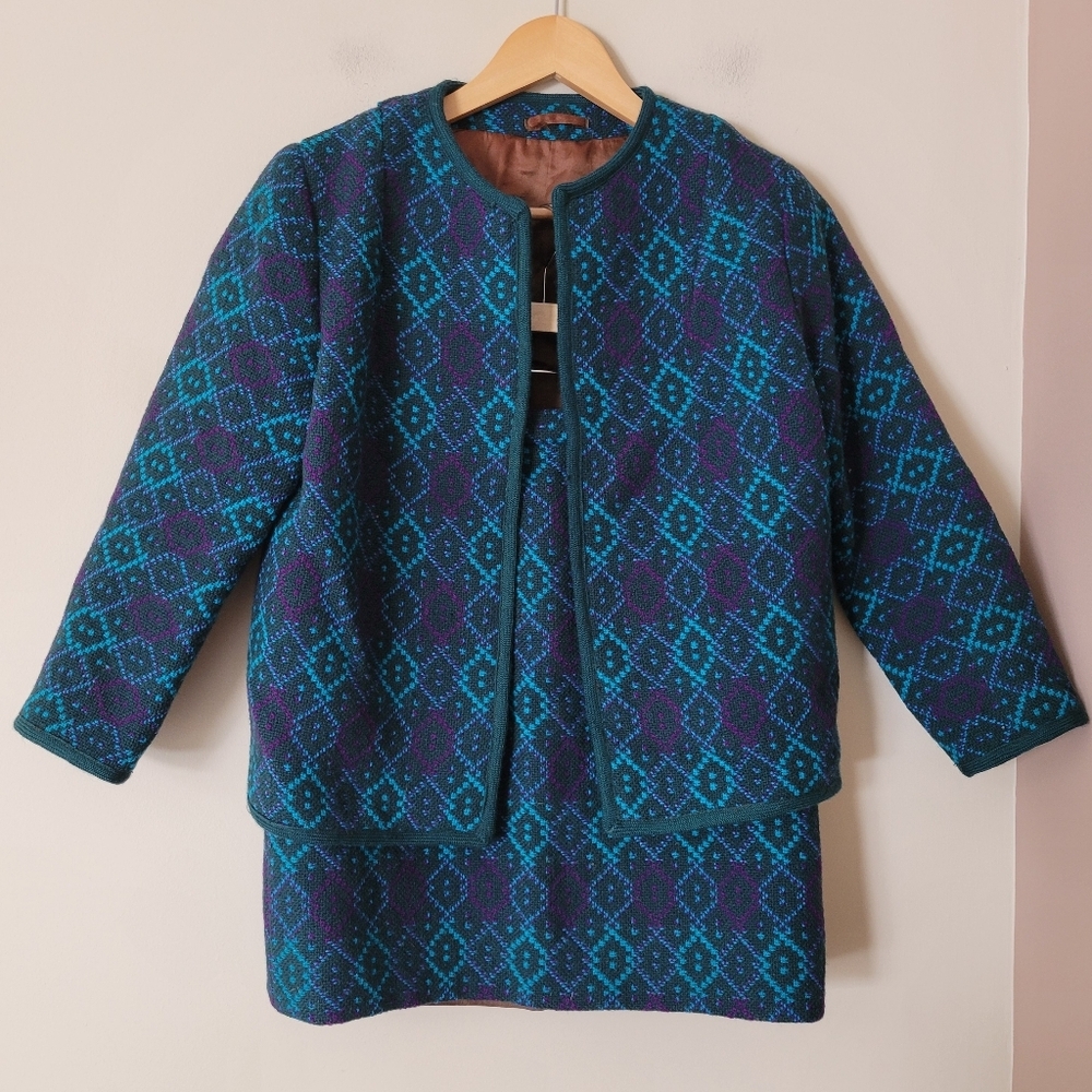 Vintage 60s Welsh Woolens Wool Tapestry Mini Skirt And Jacket Suit Set Size XS